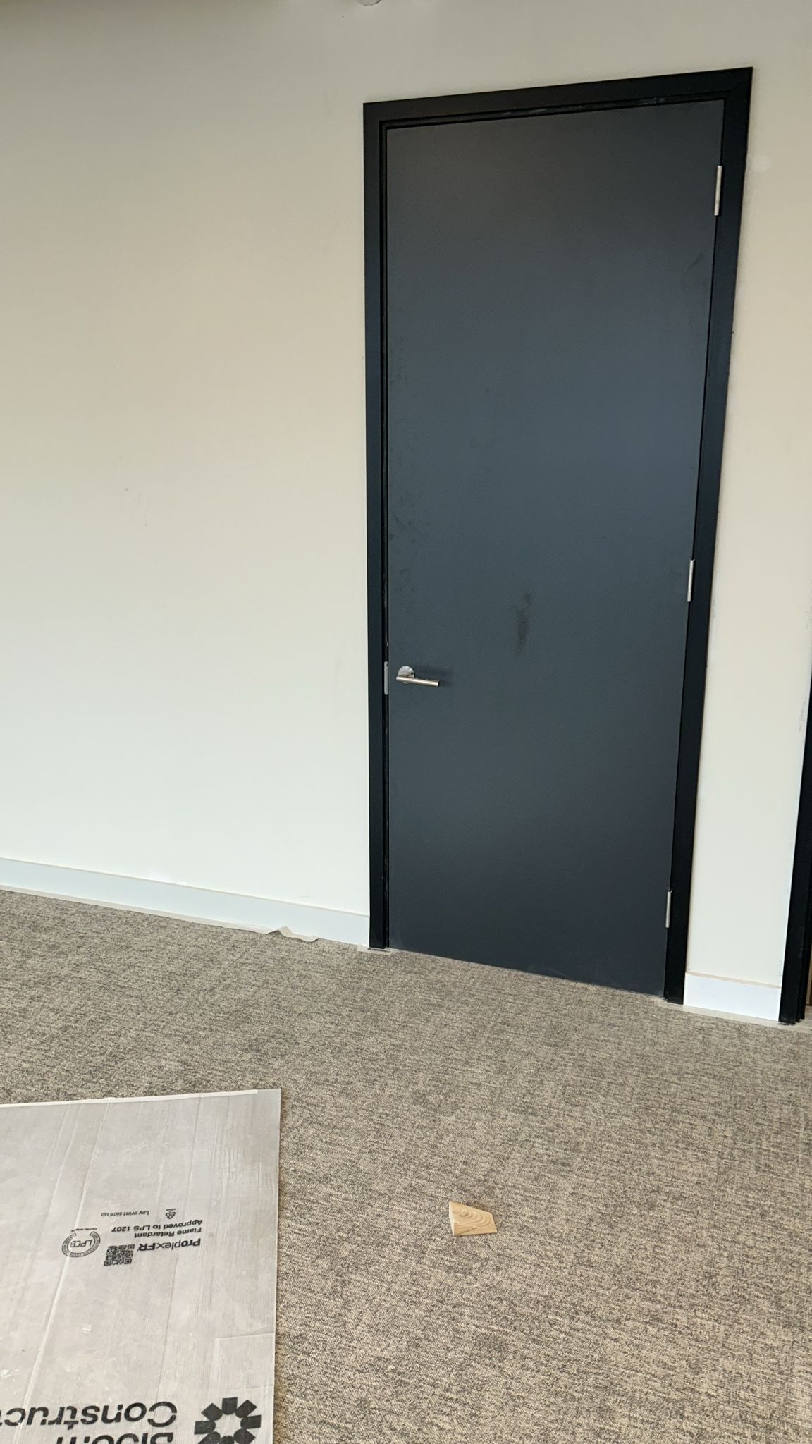 Black laminate doorset with brushed nickel ironmongery on carpet floor